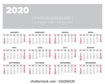 Calendar design 2020 year, start on sunday