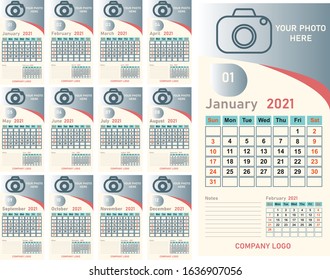 Calendar design for 2021 / monthly / vertical calendar with place for photo and company logo