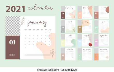 Calendar Design 2021 Nature Abstract. Monthly calendar 2021 year. Editable calendar page template Vector Illutration.
