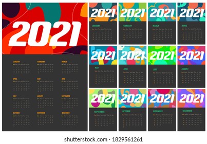 Kalenderplanung für das neue Jahr 2021. Einfache bunt-trendige Hintergründe für jeden Monat. Die Woche beginnt am Sonntag. Set von 12 Kalenderseiten Design-Vorlage für den Druck und die Verwendung in verschiedenen Projekten.