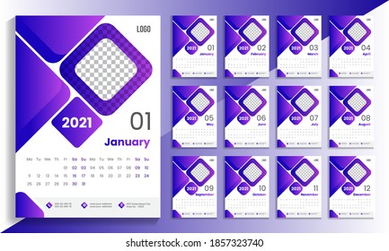 Calendar Design for 2021. Wall Calendar Template 2021. Creative Simple Business Planner Design. 12 page Calendar design. Week starts on Monday. Calendar Design with abstract and colorful Layout.