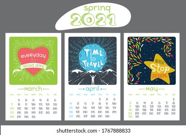 Diseño del calendario para 2021 año. Ilustración vectorial. Estilo vintage. Citas y caricaturas motivacionales. Fondo de primavera, tarjeta de temporada. Marzo, abril, mayo
