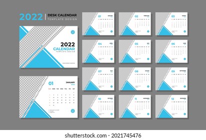 Calendar design for 2022. business style with blue color. Week starts on sunday. Set of 12 calendar pages with cover design. Vector calendar design template with place for photo. 