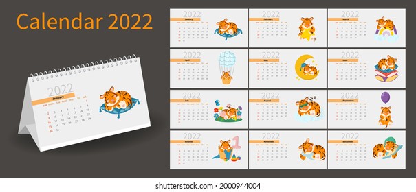 Diseño de calendario 2022 con un lindo cachorro de tigre durmiendo como un bebé. Concepto de diseño de calendario con cachorro de tigre kawaii, tigre lindo, personaje de año nuevo. Kit durante 12 meses. diseño horizontal del calendario de escritorio
