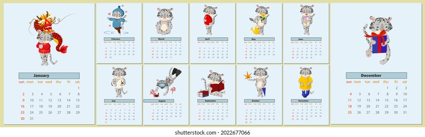 Calendar design for 2022 with cute tiger cub with seasonal activities by month. Calendar design concept with cartoon tiger cub, cute tiger, new year character. Kit for 12 months 2022 pages.