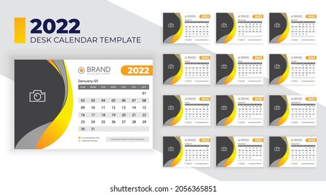 Calendar design for 2022 desk calendar design layout with creative yellow shapes Premium Vector