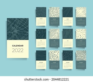 Calendar design for 2022. Hand drawn textures. Vector black and white illustration.
