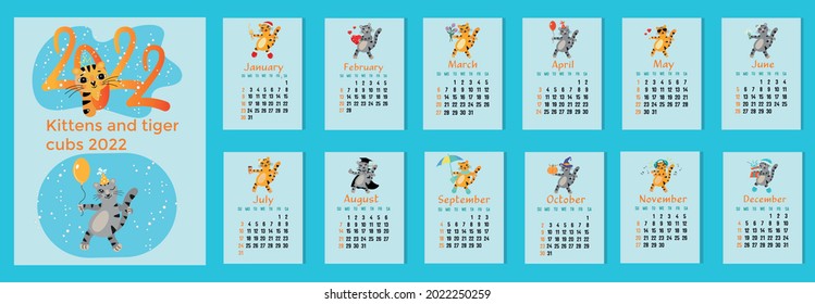 Calendar design for 2022. Kittens and tiger cubs. Adorable animals with monthly seasonal activities. Calendar design concept with cartoon kitten and tiger - symbol 2022. Vector set for 12 months.