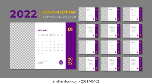 Diseño del calendario para 2022. Sencillo color púrpura. La semana comienza el domingo. Conjunto de 12 páginas de calendario. Plantilla de diseño de calendario vectorial con lugar para la foto. 