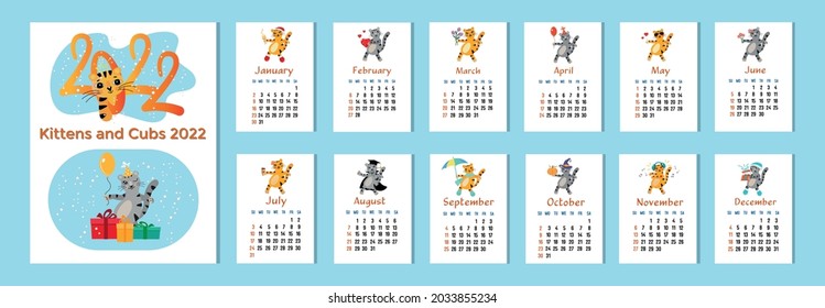 Calendar design for 2022 with tigers and cats. Cute animals, kittens and cubs with monthly seasonal activities. 2022 is the year of the black water tiger. Vector set for printing. Week starts Sunday.