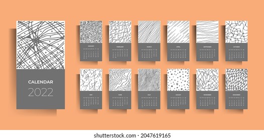 Diseño del calendario para 2022. Ilustración vectorial con texturas dibujadas a mano.