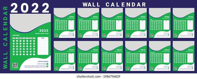 Calendar Design 2022. Week starts on Monday. January, February, March, April, May, June, July, August, September, October, November, December.