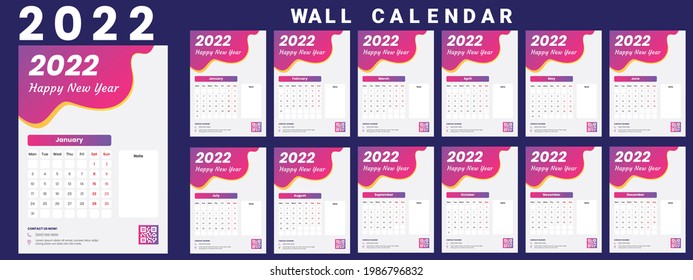Calendar Design 2022. Week starts on Monday. January, February, March, April, May, June, July, August, September, October, November, December.