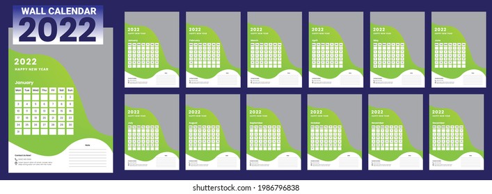 Calendar Design 2022. Week starts on Monday. January, February, March, April, May, June, July, August, September, October, November, December.