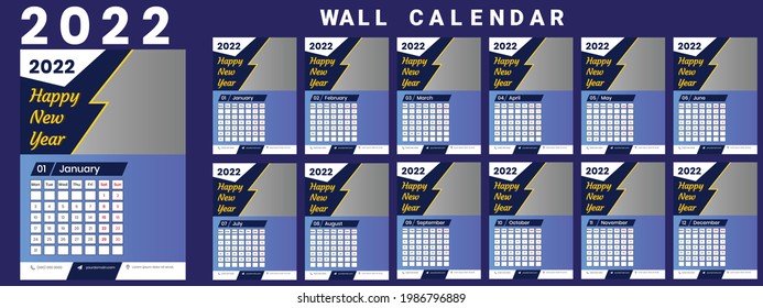 Calendar Design 2022. Week starts on Monday. January, February, March, April, May, June, July, August, September, October, November, December.