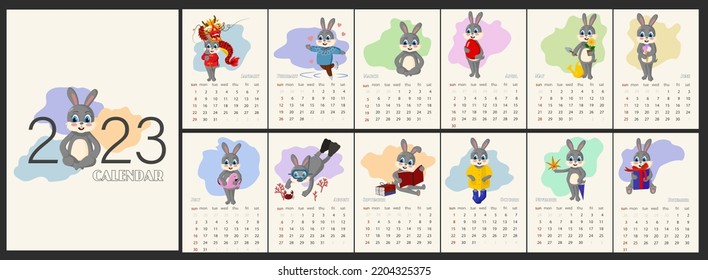 Calendar design for 2023 with funny rabbit and various seasonal events. Calendar design concept of cute hare and spots, new year character. Set for 12 months. Wall calendar