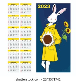 Calendar design 2023, new year 2023 calendar template,  Vector about Calendar for 2023 year with rabbit and sunflowers, bunny girl