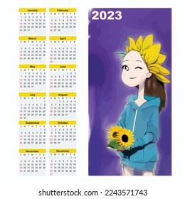 Calendar design 2023, new year 2023 calendar template,  Vector about Calendar for 2023 year with rabbit and sunflowers, bunny girl