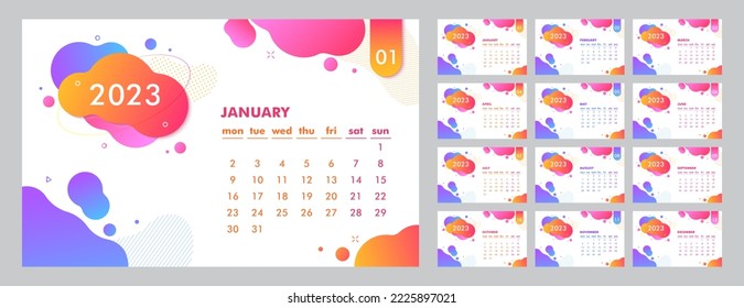 Calendar design for 2023. White background with liquid shapes. The week starts on Monday. Set of 12 calendar pages with template print vector design with dynamic color shapes and lines.