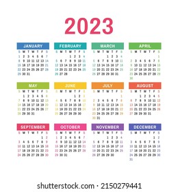 Calendar design 2023 year. English colorful vector square wall or pocket calender template
