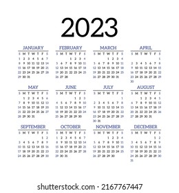 Calendar design 2023 year. English vector square wall or pocket calender template. New year. Week starts on Sunday