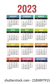 Calendar design 2023 year. English colorful vector vertical wall or pocket calender template