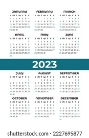 Calendar design 2023 year. English vertical vector calender template