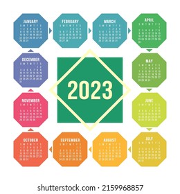 Calendar design 2023 year. January, February, March, April, May, June, July, August, September, October, November and December