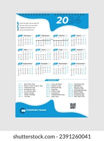 Calendar Design, 2024 Calendar, Wall Calendar, one page Wall Calendar, holidays, 2024, Print Ready, Free Vector