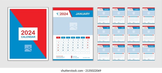 Calendar design for 2024 year set, Wall calendar 2024 template, desk calendar red blue geometric concept, planner design, Week starts on sunday, professional Business template, cover design, vector