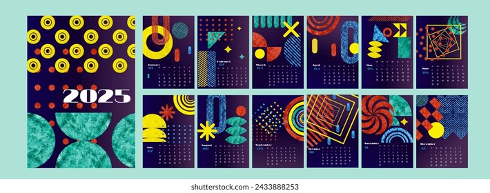 Calendar design 2025 - Abstract Geometric Bauhaus Shape Style. Vector Color Art Design. Week stars Sunday