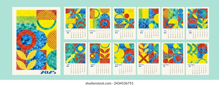 Calendar design 2025 - Abstract Geometric Bauhaus Shape Style. Vector Color Art Design. Week stars Sunday