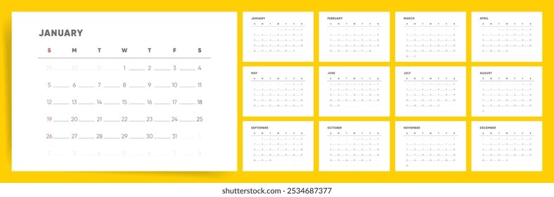 Projeto do Calendário 2025. Bright Minimal 2025 Calendário para parede e mesa. Calendário moderno minimalista de 2025. Layout anual pronto para impressão.