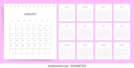 Projeto do Calendário 2025. Calendário de grade limpa 2025 para parede e mesa. Perfeito para planejamento e organização fáceis. Layout anual pronto para impressão.