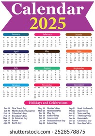 Projeto do calendário 2025. Planejamento de datas do calendário. Calendário 2025 com feriados e celebrações 