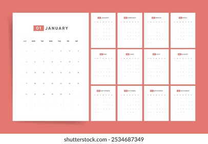 Projeto do Calendário 2025. Elegant Bold 2025 Calendário para parede e mesa. Conjunto de layouts de páginas mensais horizontais prontas para impressão. Calendário moderno com data em negrito 2025 calendário.