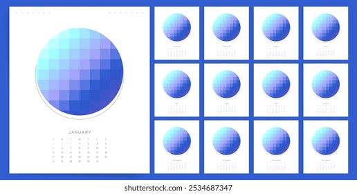 Projeto do Calendário 2025. Geometric Sphere 2025 Calendário para uso na parede e na mesa. Conjunto de layouts de páginas mensais prontas para impressão. Calendário moderno minimalista de 2025.