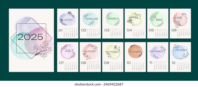 Calendar design 2025 - Hand drwan doodle flower frames on watercolor dot. Vector Color Art Design. Week stars Sunday