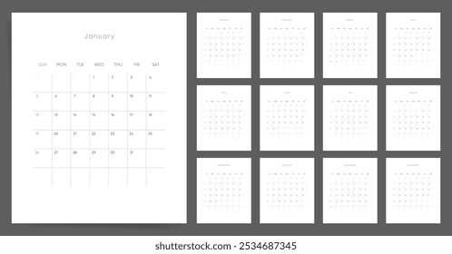 Projeto do Calendário 2025. Modelo de calendário 2025 para uso de parede e mesa. Conjunto de layouts de páginas de 12 meses verticais prontas para impressão. Data minimalista 2025 calendário.