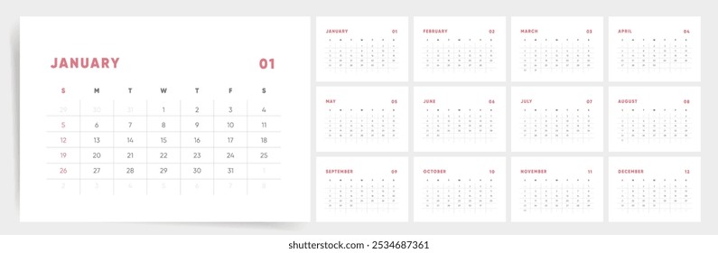 Projeto do Calendário 2025. Modelo de calendário 2025 para uso de parede e mesa. Conjunto de layouts de páginas mensais horizontais prontas para impressão. Calendário de 2025 da Clean Business.