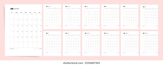 Projeto do Calendário 2025. Modelos de calendário 2025 para uso em paredes e mesas. Conjunto de layouts de páginas mensais verticais prontas para impressão. Calendário moderno minimalista de 2025.