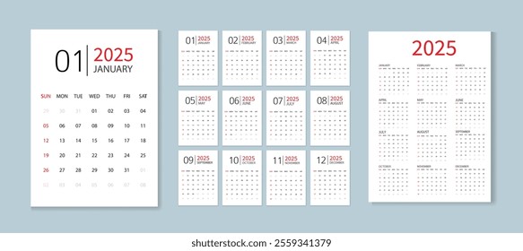 calendar design 2025. The week starts on Sunday Calendar layout, Corporate design planner template.