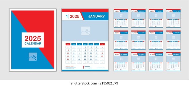 Calendar design for 2025 year set, Wall calendar 2025 template, desk calendar red blue geometric concept, planner design, Week starts on sunday, professional Business template, cover design, vector