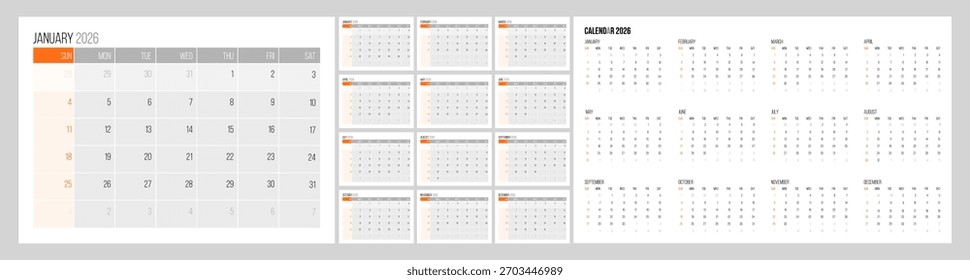 Diseño de calendario 2026 en estilo plano único y moderno de Vector