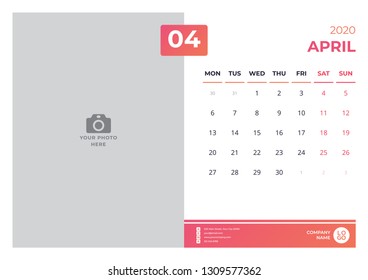 Calendar design for april 2020. simple orange color. week starts on monday. vector design print template with place for photo. 