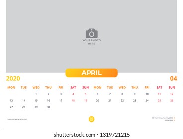 Calendar design for april 2020. simple yellow color. week starts on monday. horizontal version. vector design print template with place for photo.
