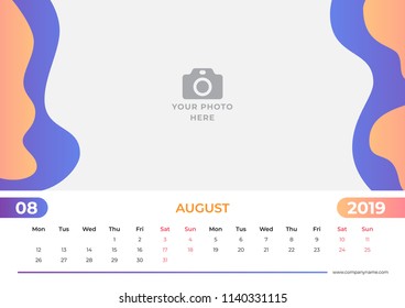 Calendar design for August 2019. Simple blue and orange background. Week starts on Monday. Vector design print template with place for photo. 