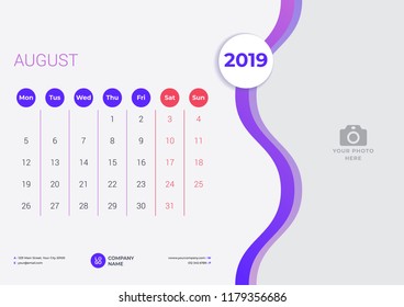 Calendar design for August 2019. Simple purple background. Week starts on Monday. Set of 12 calendar pages. Vector design print template with place for photo. 