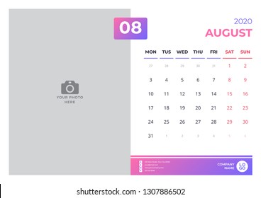 Calendar design for august 2020. simple purple color. week starts on monday. vector design print template with place for photo.