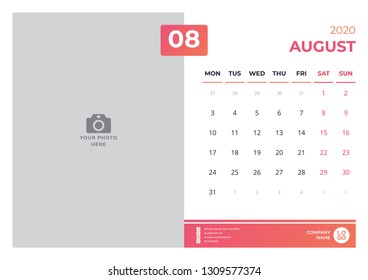 Calendar design for august 2020. simple orange color. week starts on monday. vector design print template with place for photo.